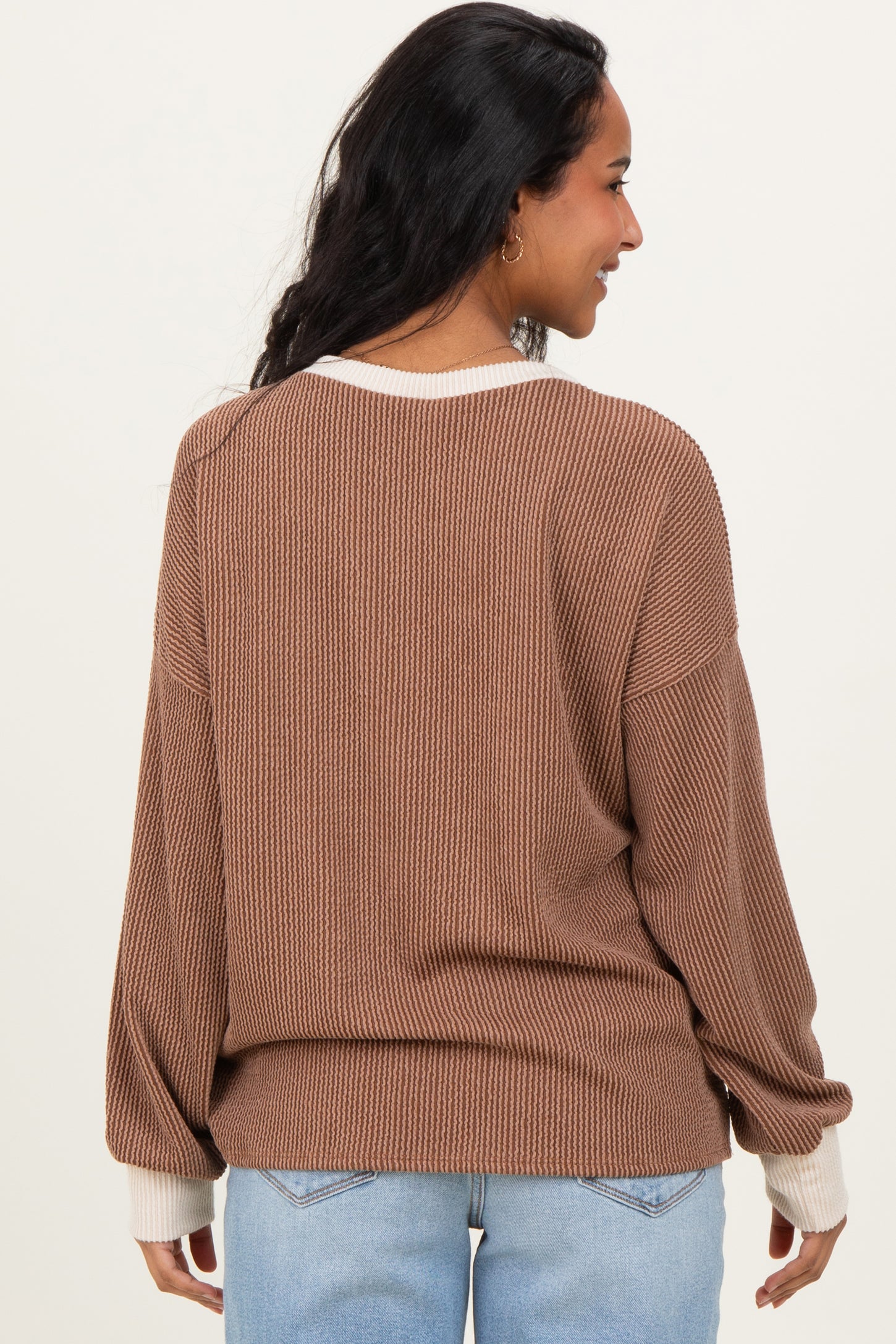 Brown Textured Rib Relaxed Fit Maternity Pullover Top