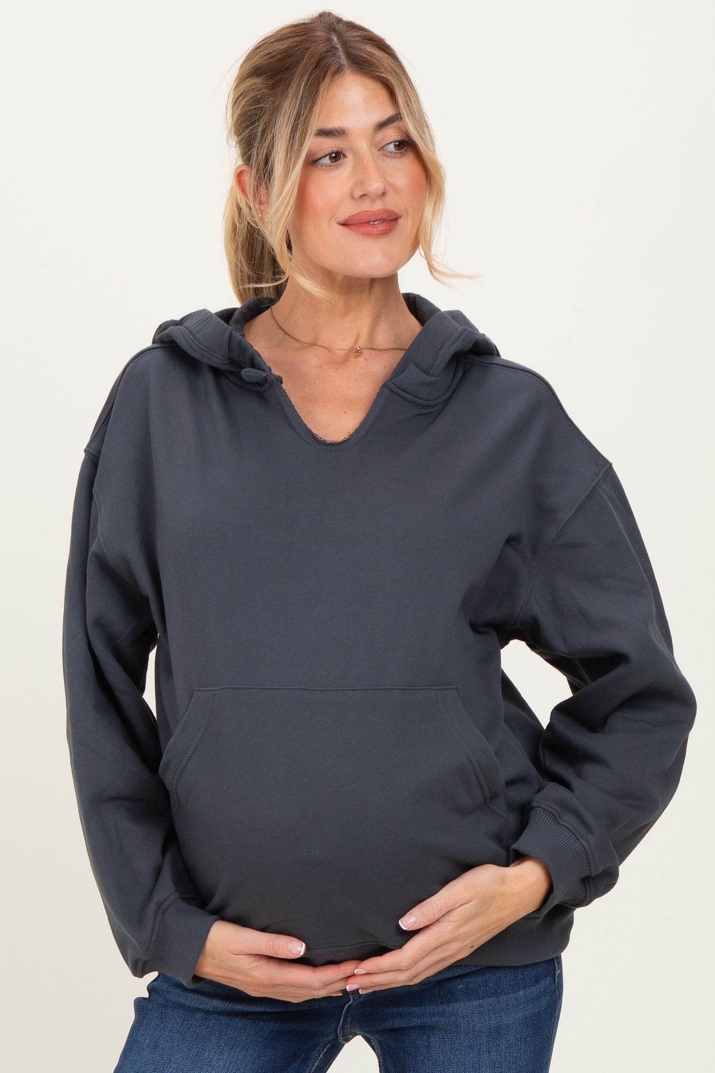 Ash Grey Split Neckline Maternity Hoodie