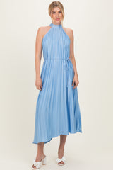 Light Blue Pleated Maternity Halter Dress