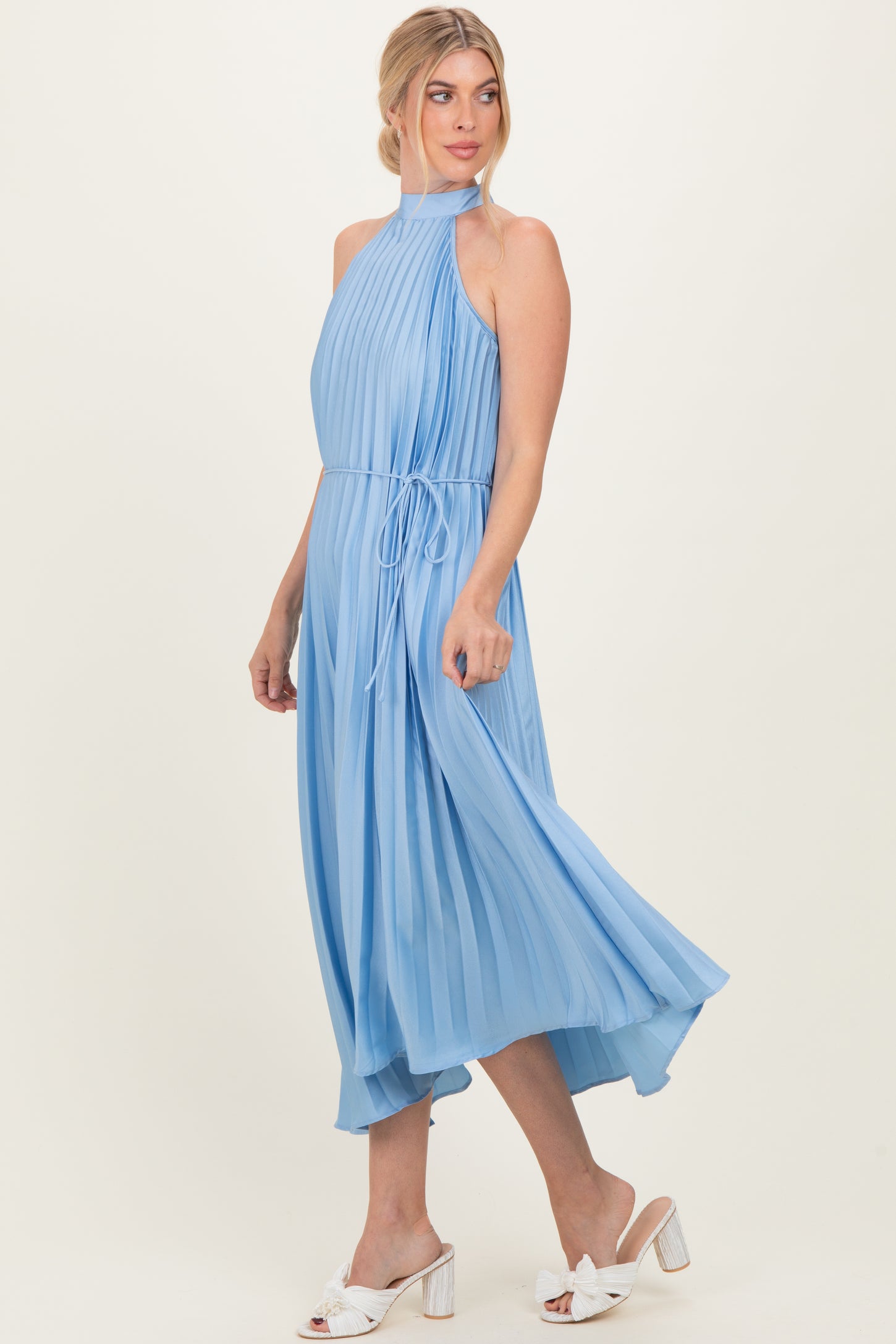 Light Blue Pleated Halter Dress