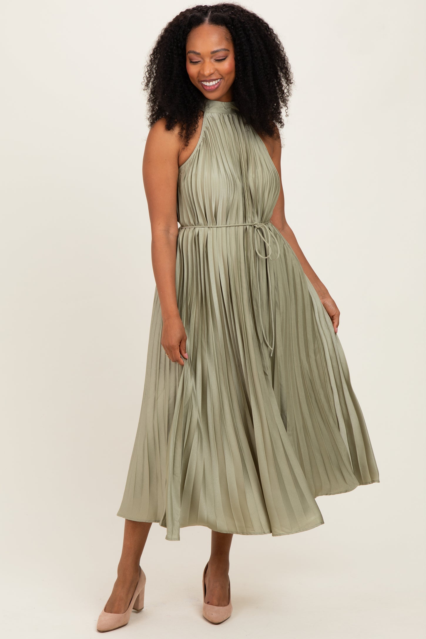 Light Olive Pleated Halter Dress