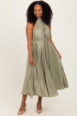 Light Olive Pleated Halter Dress