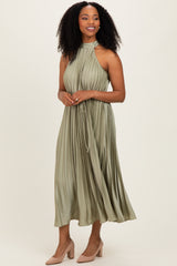Light Olive Pleated Halter Dress