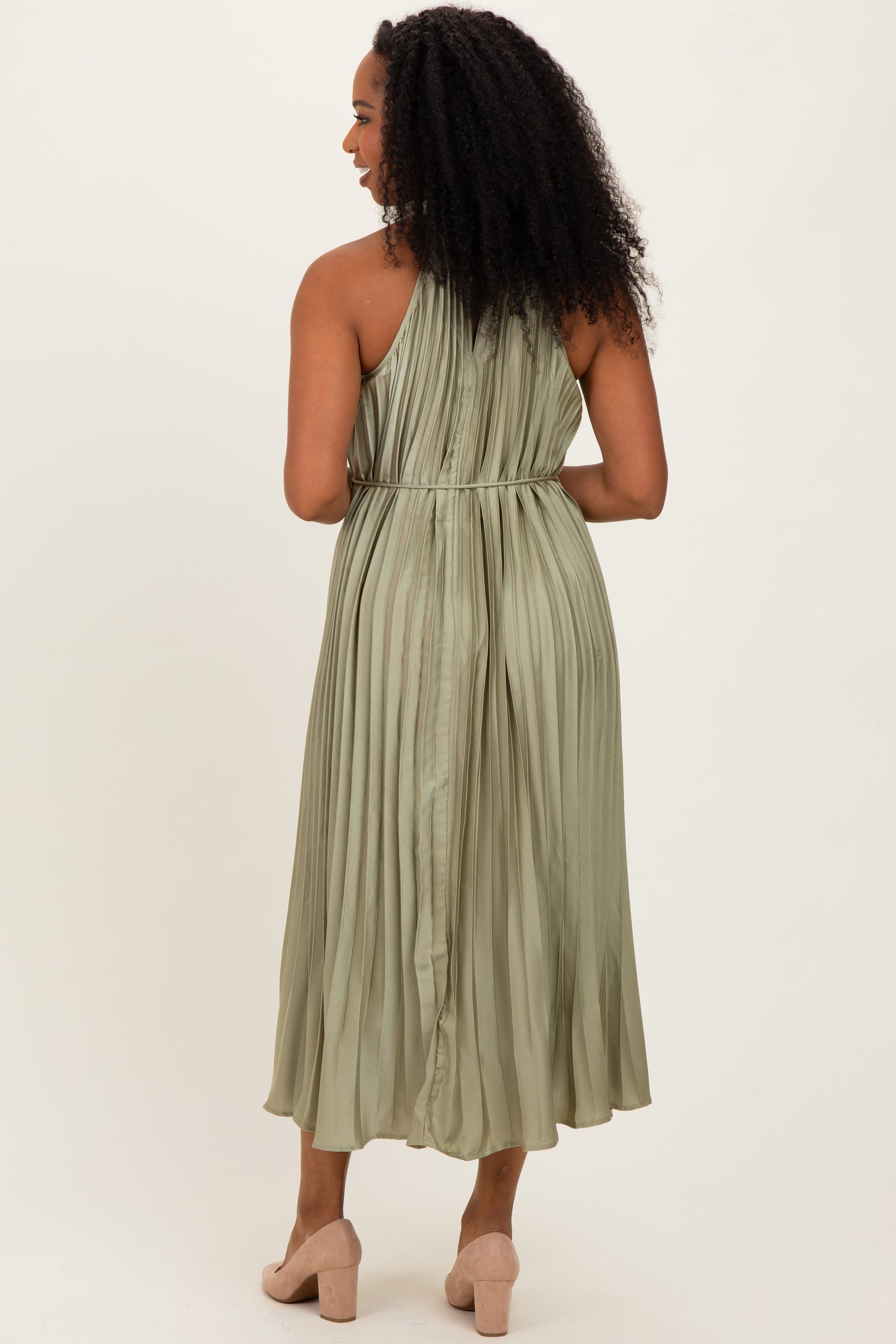 Light Olive Pleated Halter Dress