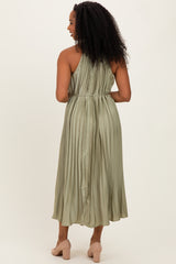 Light Olive Pleated Halter Dress