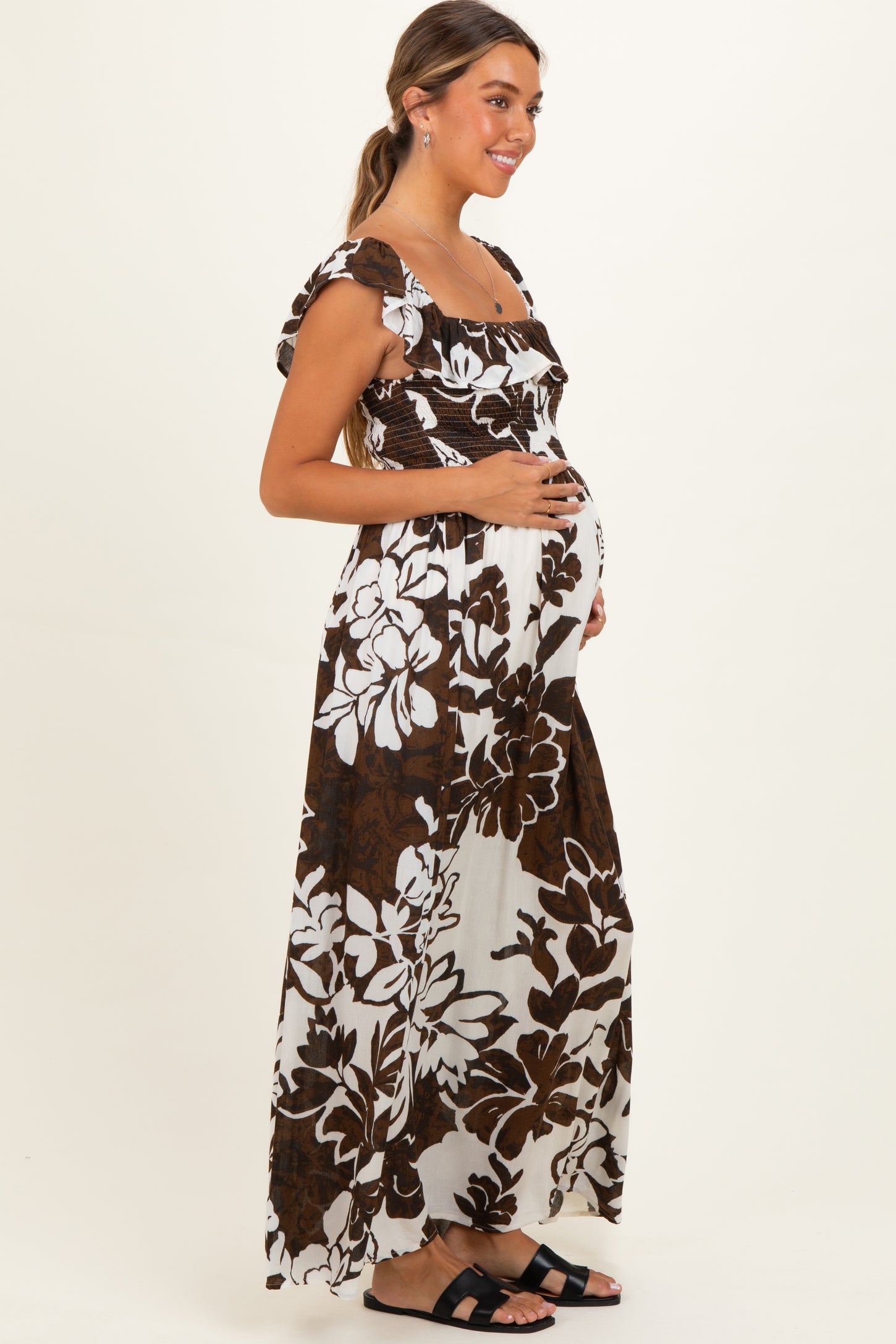 Brown Floral Ruffle Off Shoulder Maternity Maxi Dress