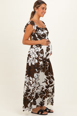 Brown Floral Ruffle Off Shoulder Maternity Maxi Dress