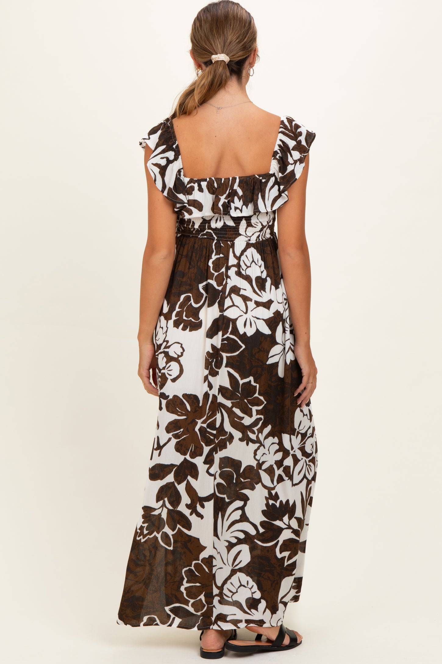 Brown Floral Ruffle Off Shoulder Maternity Maxi Dress
