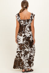 Brown Floral Ruffle Off Shoulder Maternity Maxi Dress