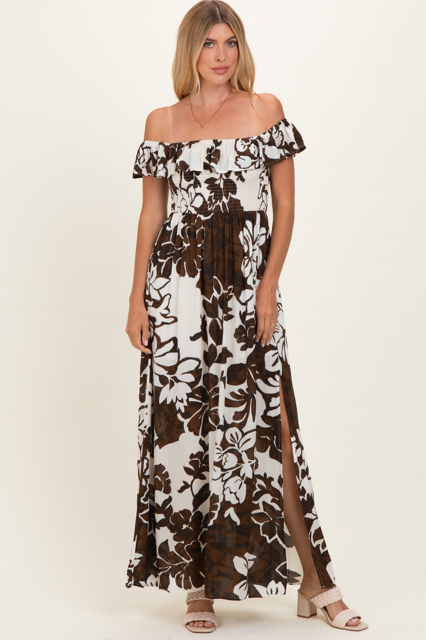Brown Floral Ruffle Off Shoulder Maternity Maxi Dress