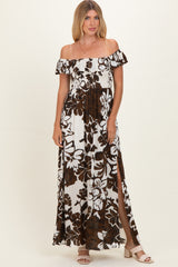 Brown Floral Ruffle Off Shoulder Maternity Maxi Dress