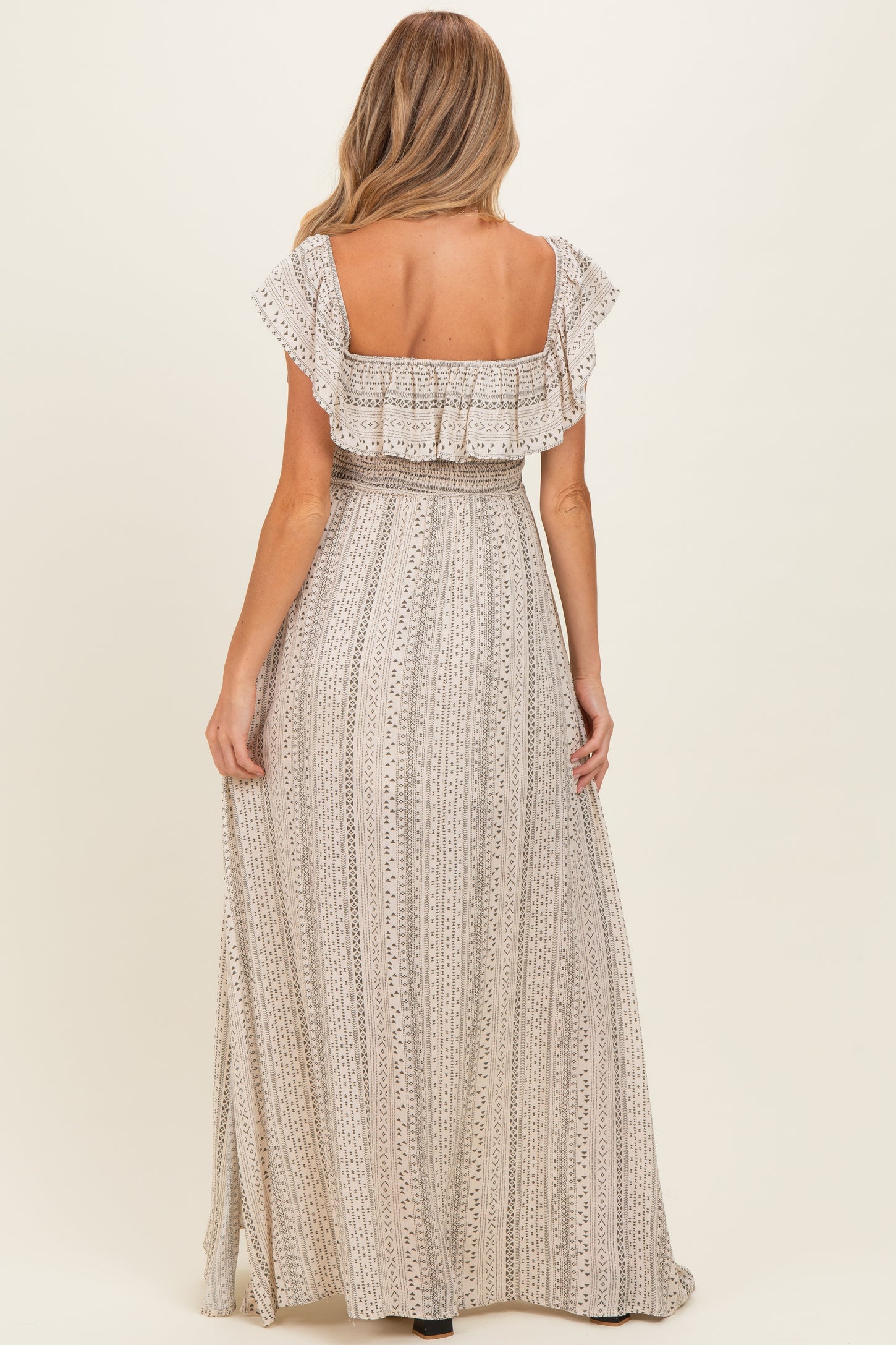 Beige Ruffle Off Shoulder Maternity Maxi Dress