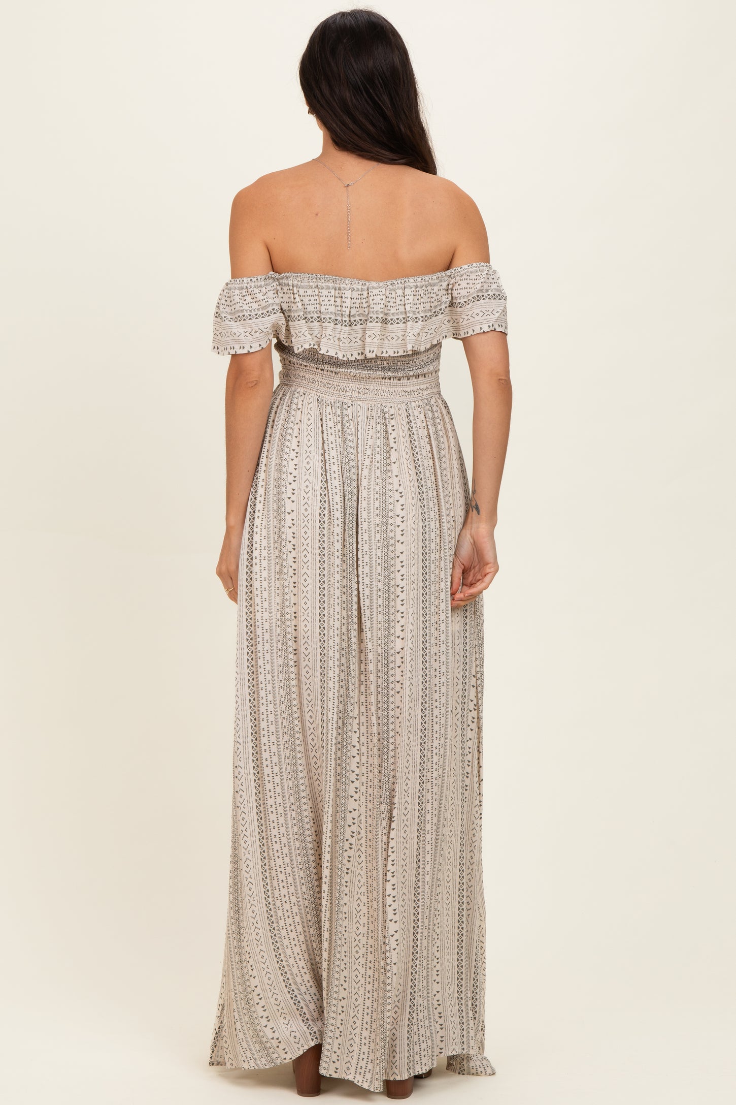 Beige Ruffle Off Shoulder Maxi Dress