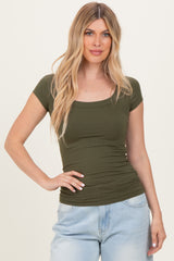 Olive Ribbed Rounded Square Neck Top
