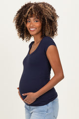 Navy Ribbed Rounded Square Neck Maternity Top