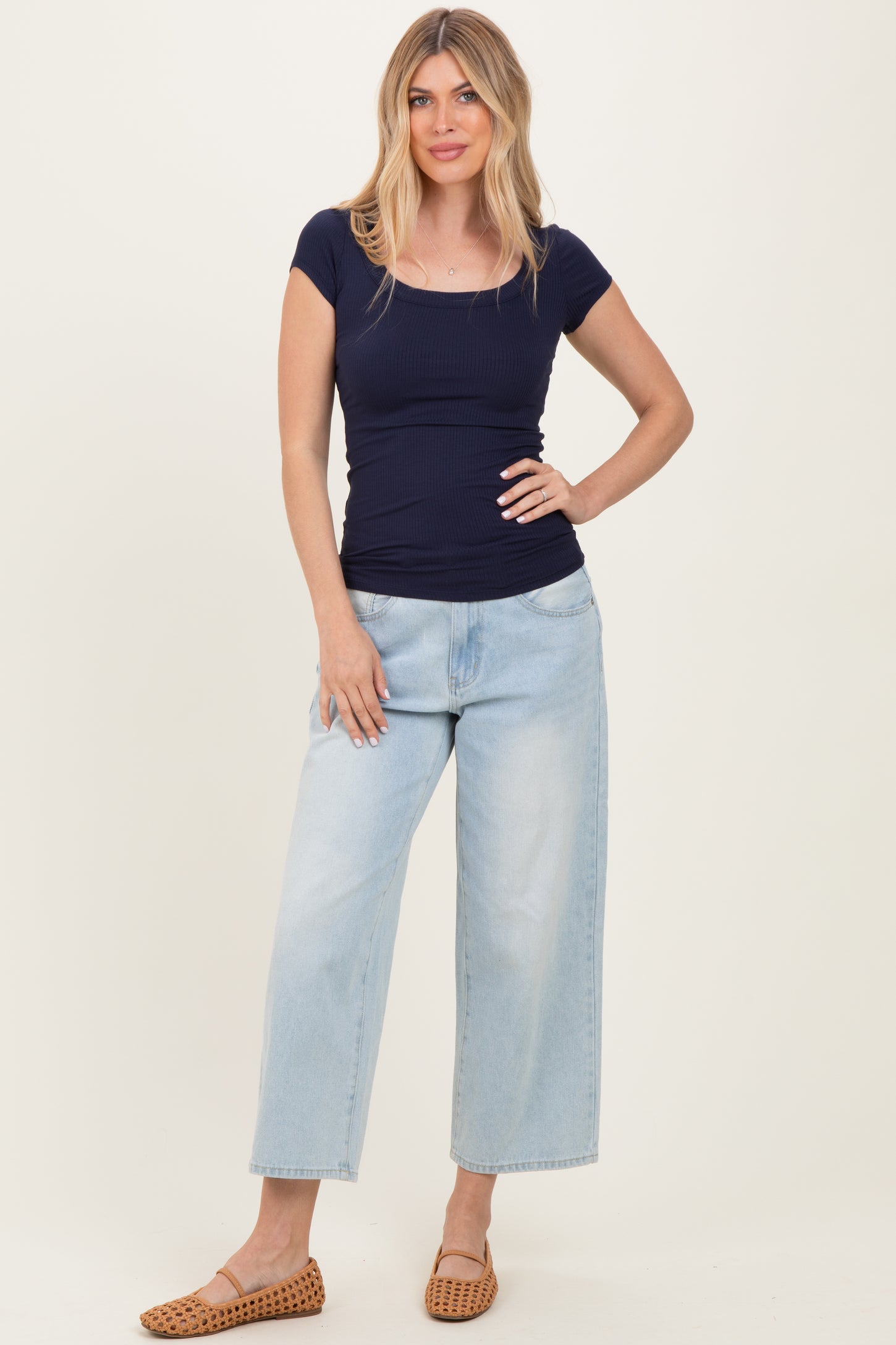 Navy Ribbed Rounded Square Neck Maternity Top