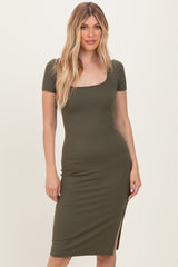 Olive Square Neck Side Slit Midi Dress