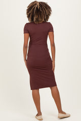 Brown Square Neck Side Slit Maternity Midi Dress