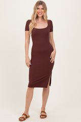 Brown Square Neck Side Slit Maternity Midi Dress