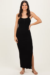 Black Button Detail Sleeveless High Slit Maternity Maxi Dress