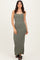 Olive Button Detail Sleeveless High Slit Maxi Dress