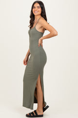 Olive Button Detail Sleeveless High Slit Maxi Dress
