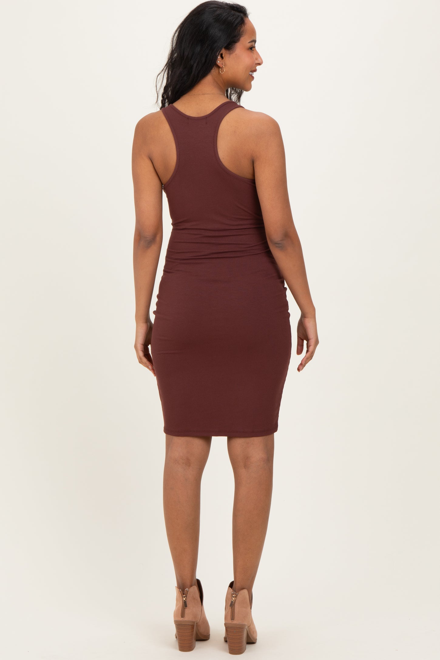 Brown Rib Knit Sleeveless Maternity Dress