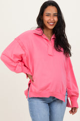 Bright Pink Snap Button Pullover Henley Maternity Sweatshirt