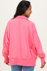 Bright Pink Snap Button Pullover Henley Maternity Sweatshirt
