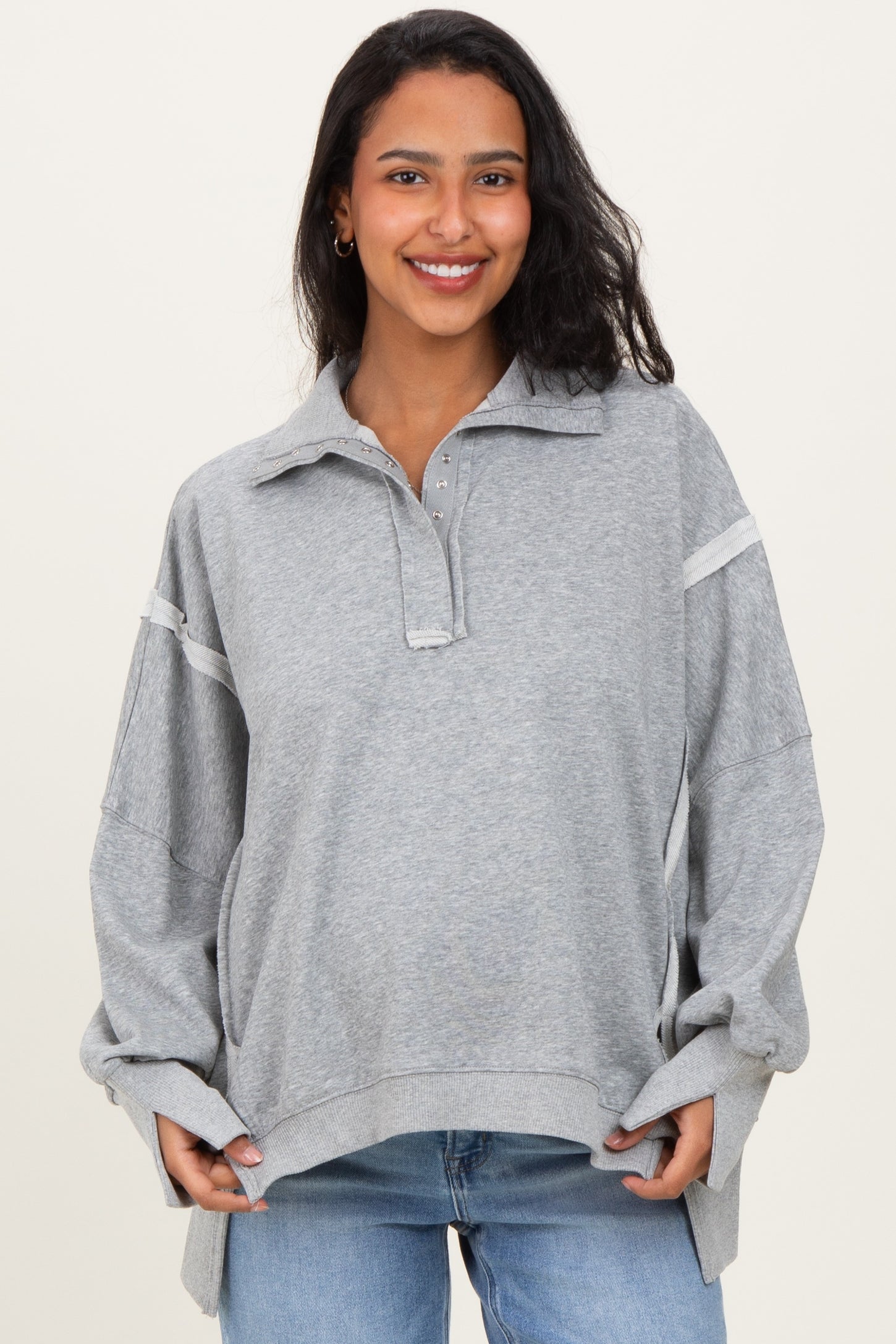 Heather Grey Snap Button Pullover Henley Maternity Sweatshirt