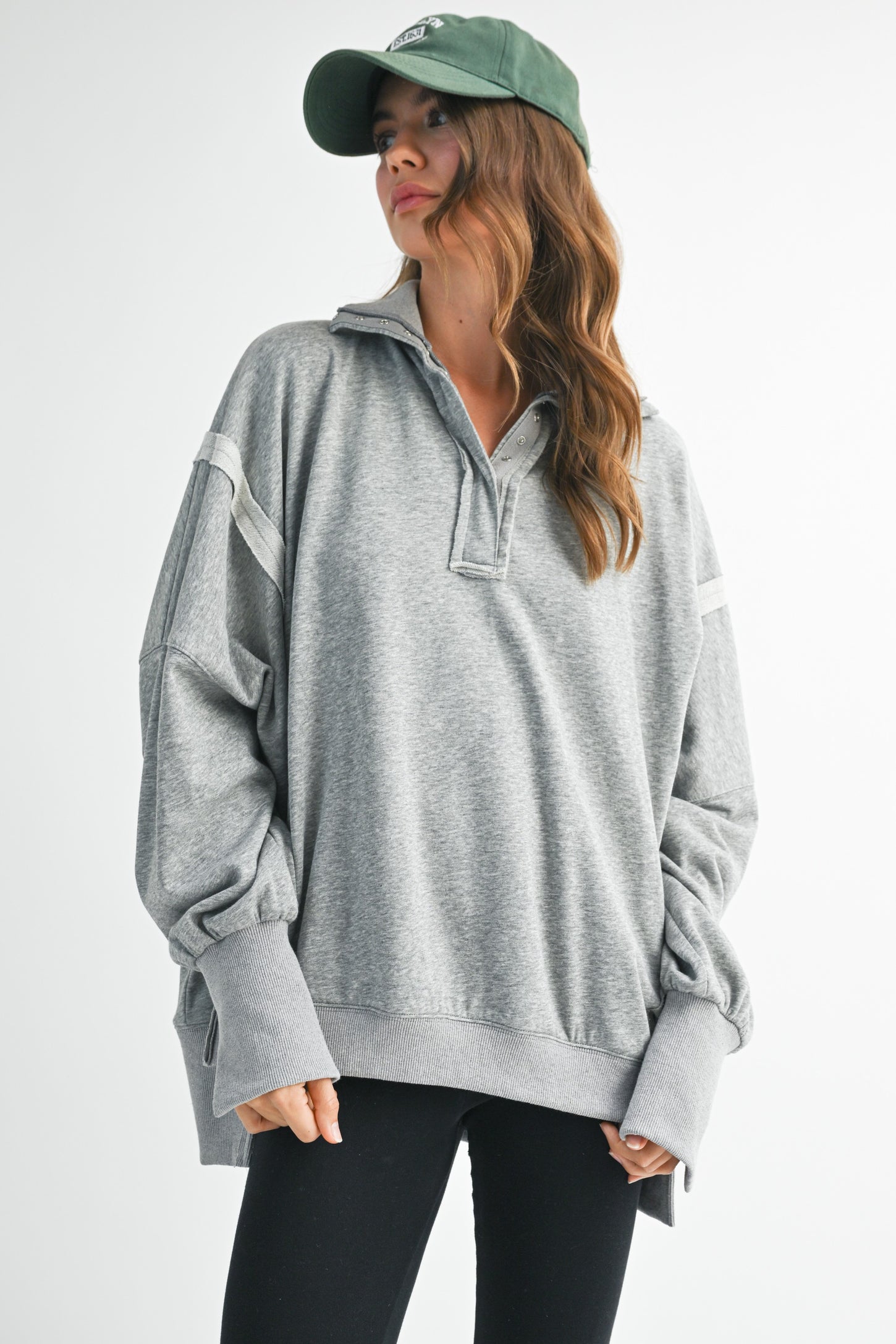 Heather Grey Snap Button Pullover Henley Maternity Sweatshirt