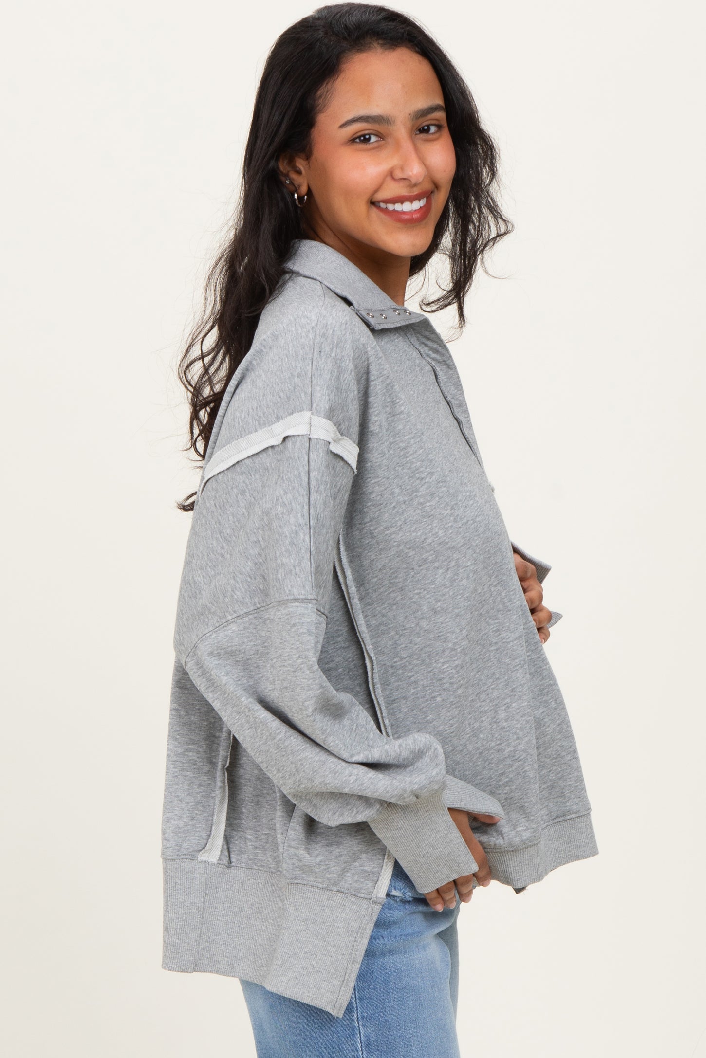 Heather Grey Snap Button Pullover Henley Maternity Sweatshirt