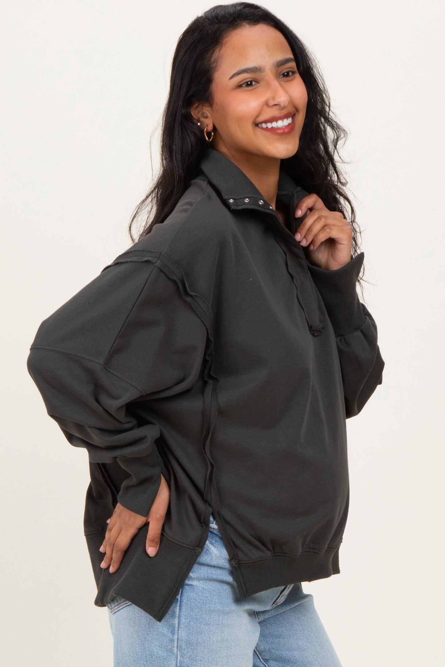 Charcoal Snap Button Pullover Henley Maternity Sweatshirt