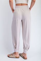 Beige Waffle Knit Raw Seam Joggers