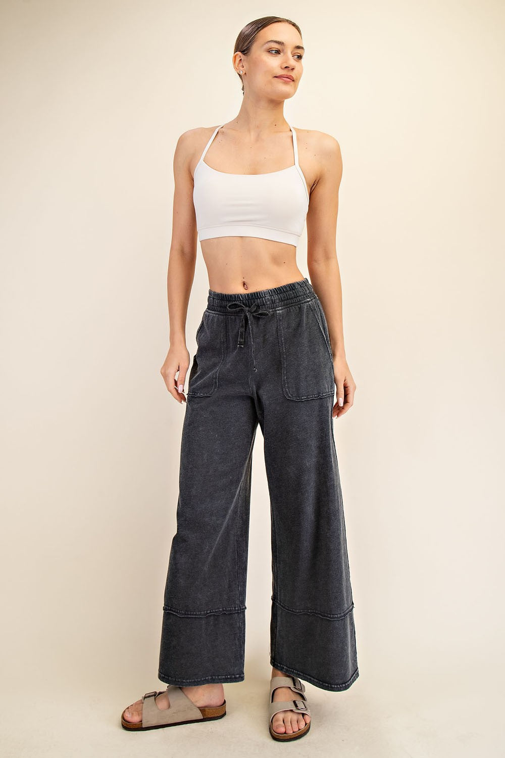 Black Mineral Wash Wide Leg Ankle Maternity Pants