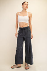 Black Mineral Wash Wide Leg Ankle Maternity Pants