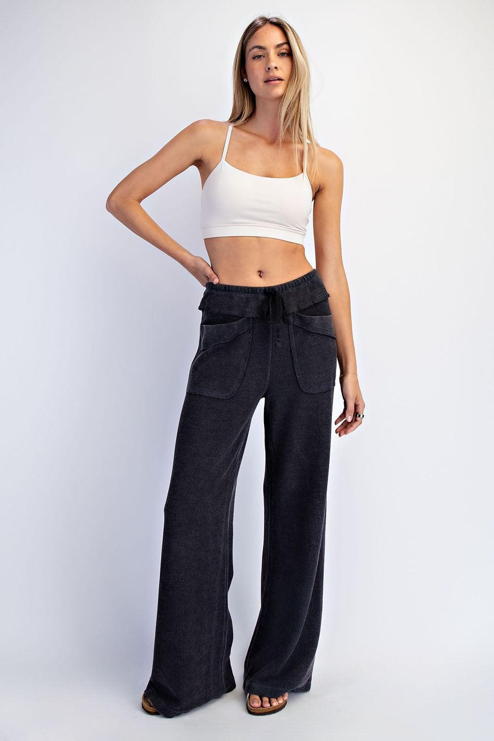 Black Mineral Wash Waffle Knit Wide Leg Pants