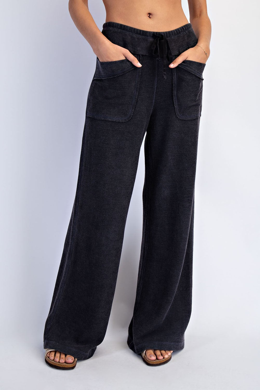 Black Mineral Wash Waffle Knit Wide Leg Pants