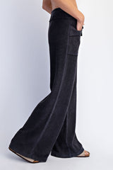 Black Mineral Wash Waffle Knit Wide Leg Pants