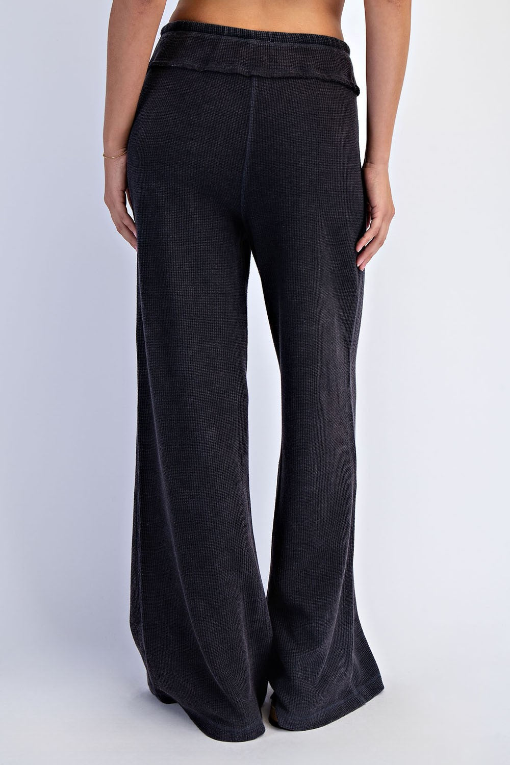 Black Mineral Wash Waffle Knit Wide Leg Pants