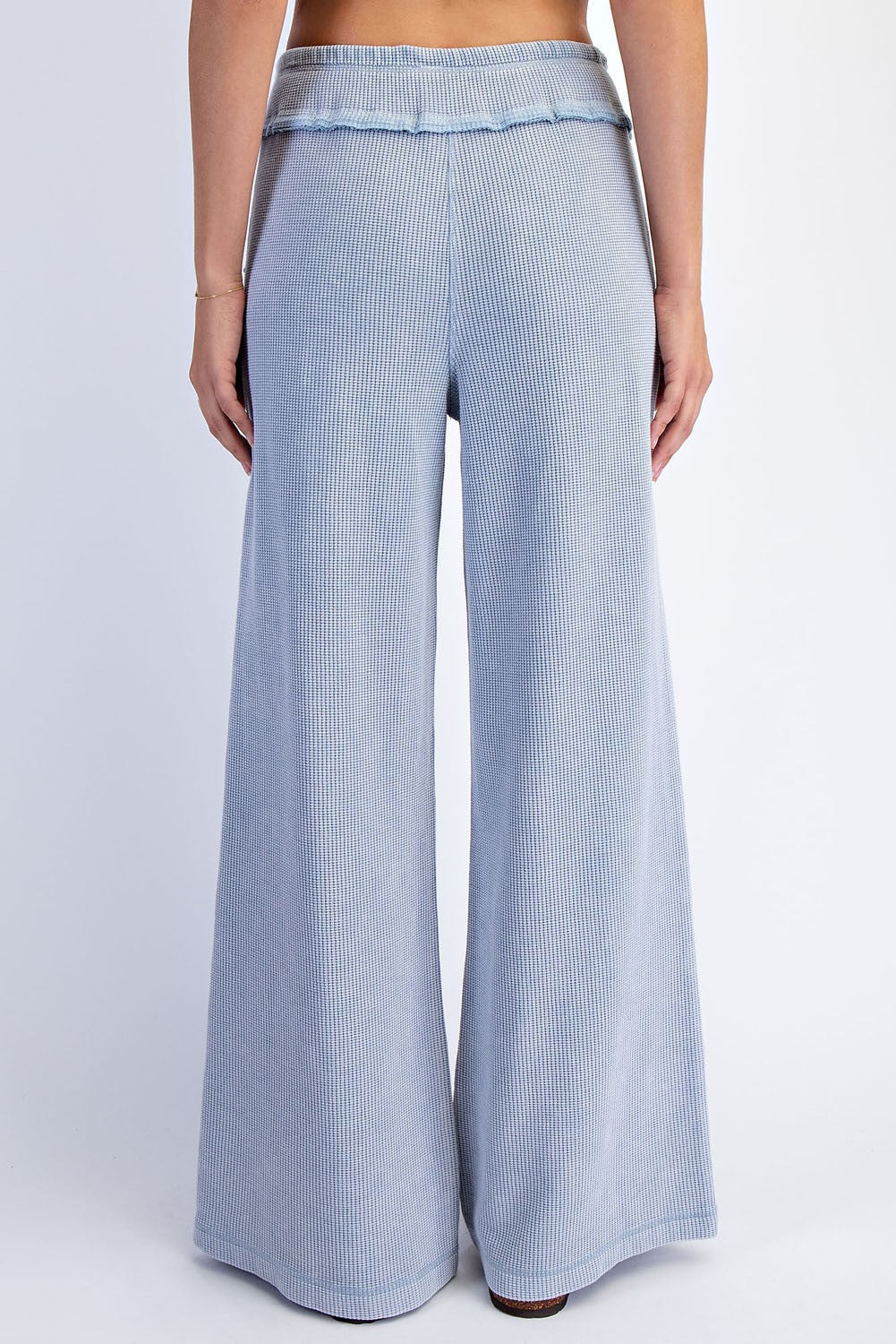 Dusty Blue Mineral Wash Waffle Knit Wide Leg Pants