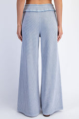 Dusty Blue Mineral Wash Waffle Knit Wide Leg Pants