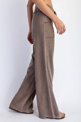 Mocha Mineral Wash Waffle Knit Wide Leg Pants