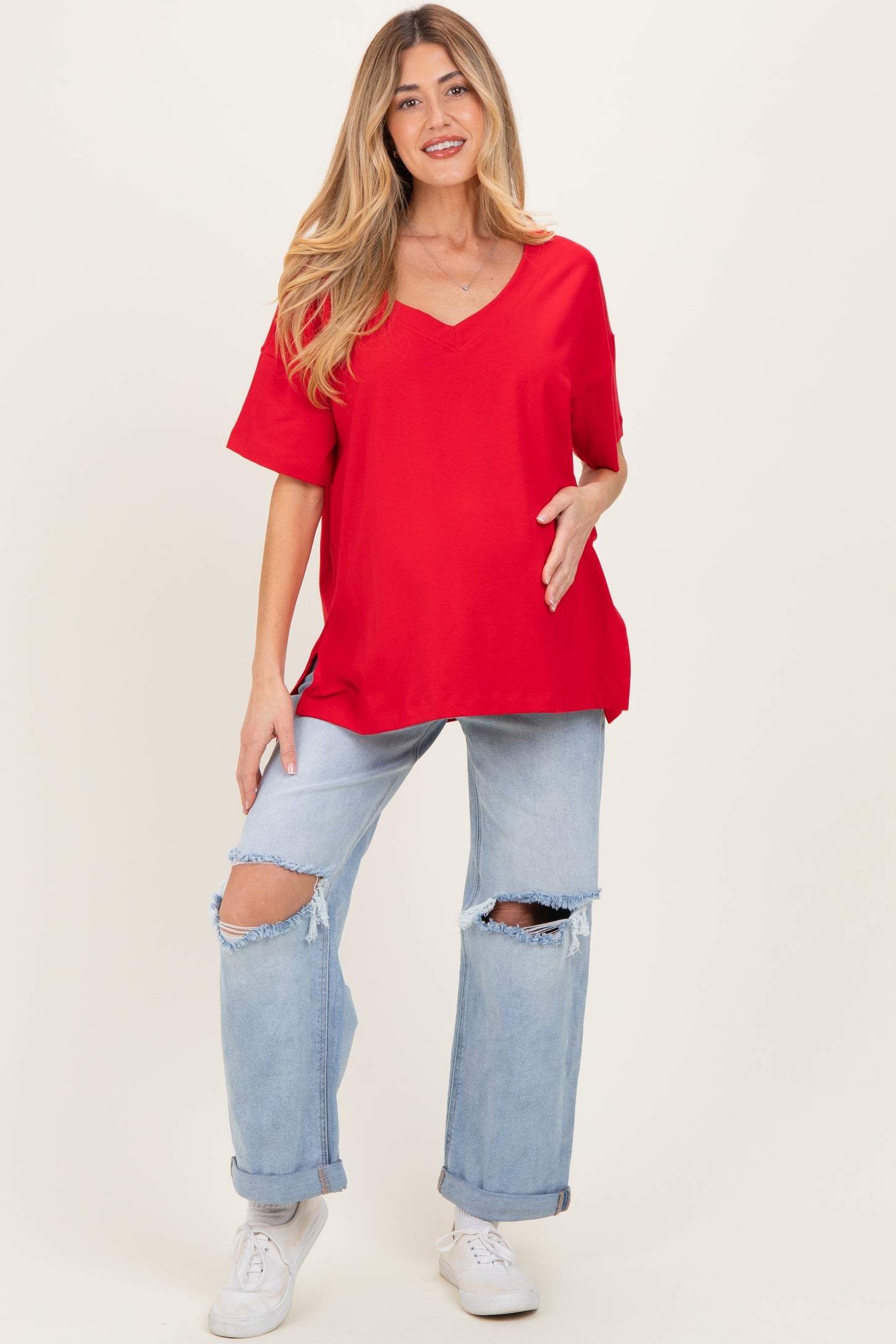 Red Oversized Reversible V-Neck Maternity Tee