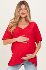 Red Oversized Reversible V-Neck Maternity Tee