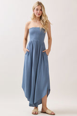 Blue Smocked Strapless Tulip Leg Jumpsuit