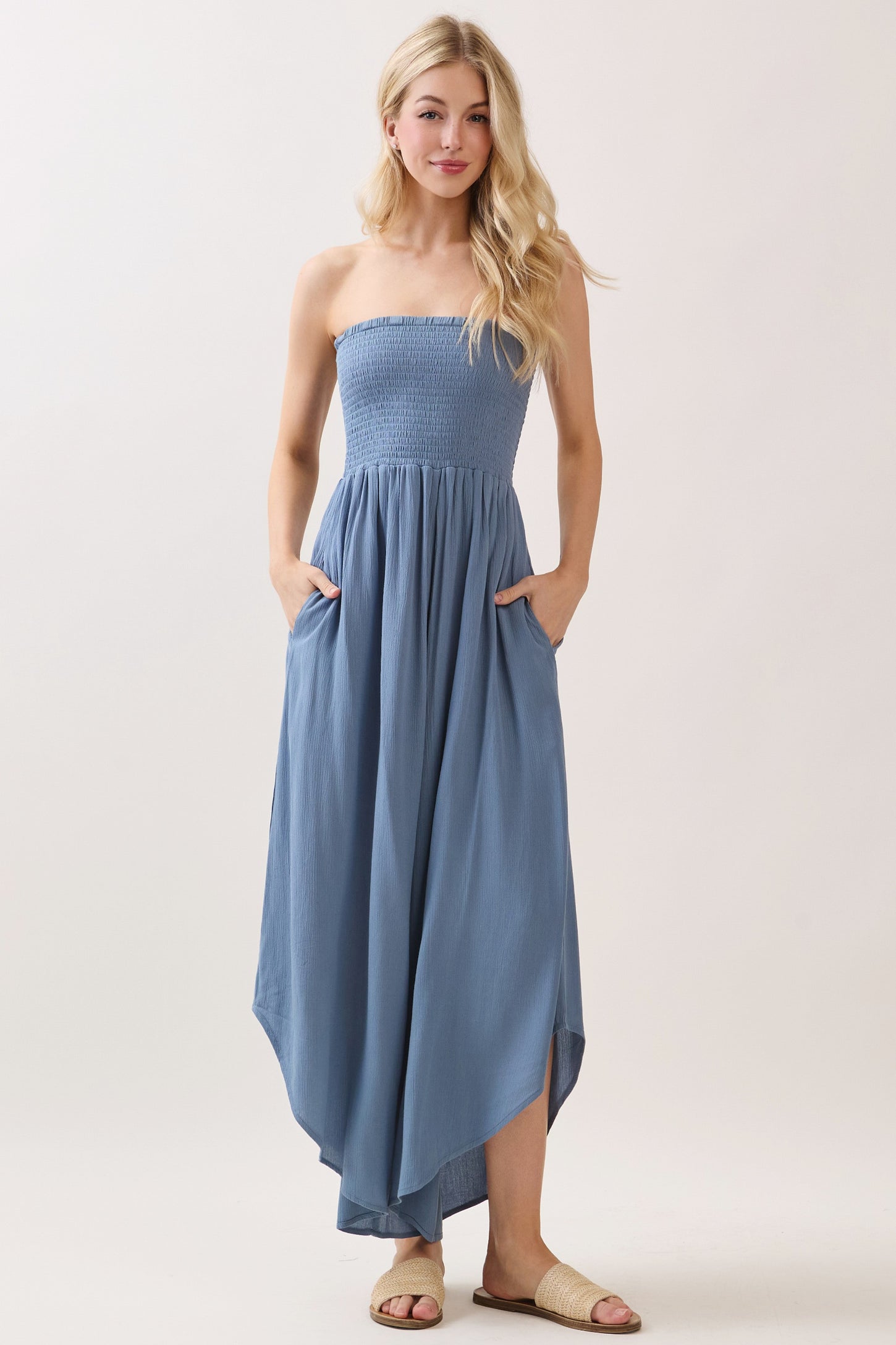 Blue Smocked Strapless Tulip Leg Maternity Jumpsuit