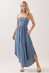 Blue Smocked Strapless Tulip Leg Jumpsuit