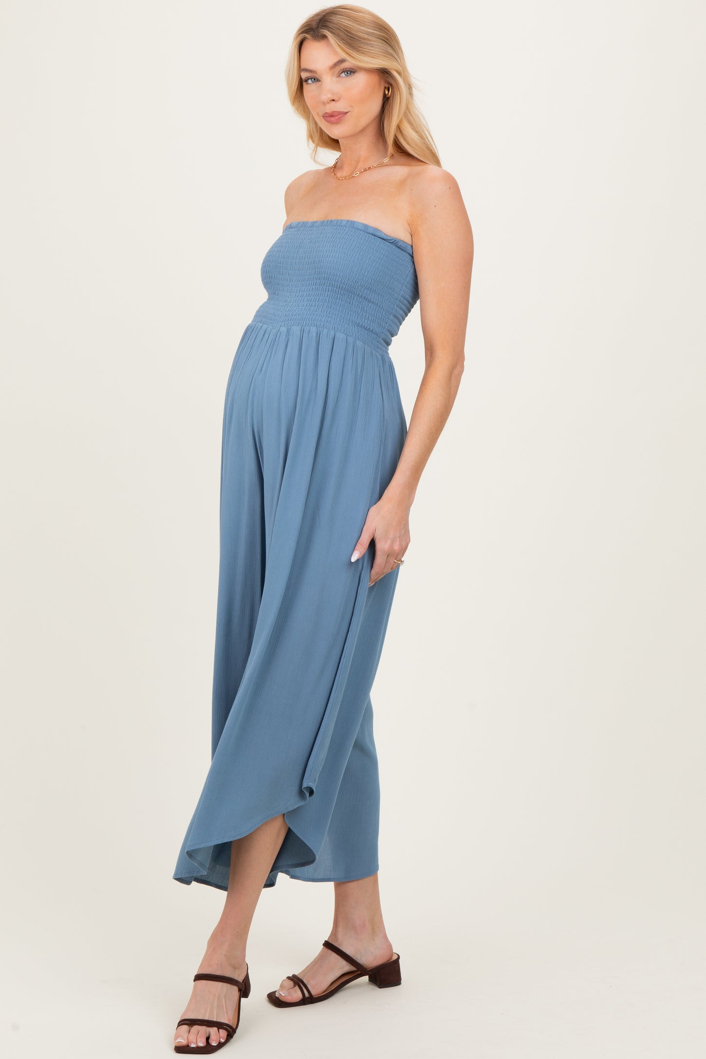 Blue Smocked Strapless Tulip Leg Maternity Jumpsuit
