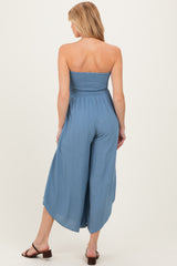 Blue Smocked Strapless Tulip Leg Maternity Jumpsuit